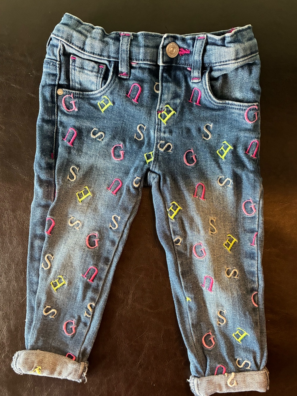 Guess Kids Denim Jeans with Pink, Green & White Embroidery